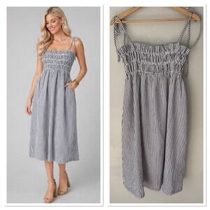 NWT Buddy Love‎ Seersucker Smocked Lexi Midi Sundress S Tie Strap Gray Vacation